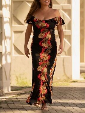 Hilo Hattie Off-Shoulder Maxi Empire Dress, Flutter sleeve Pineapple Panel, Med